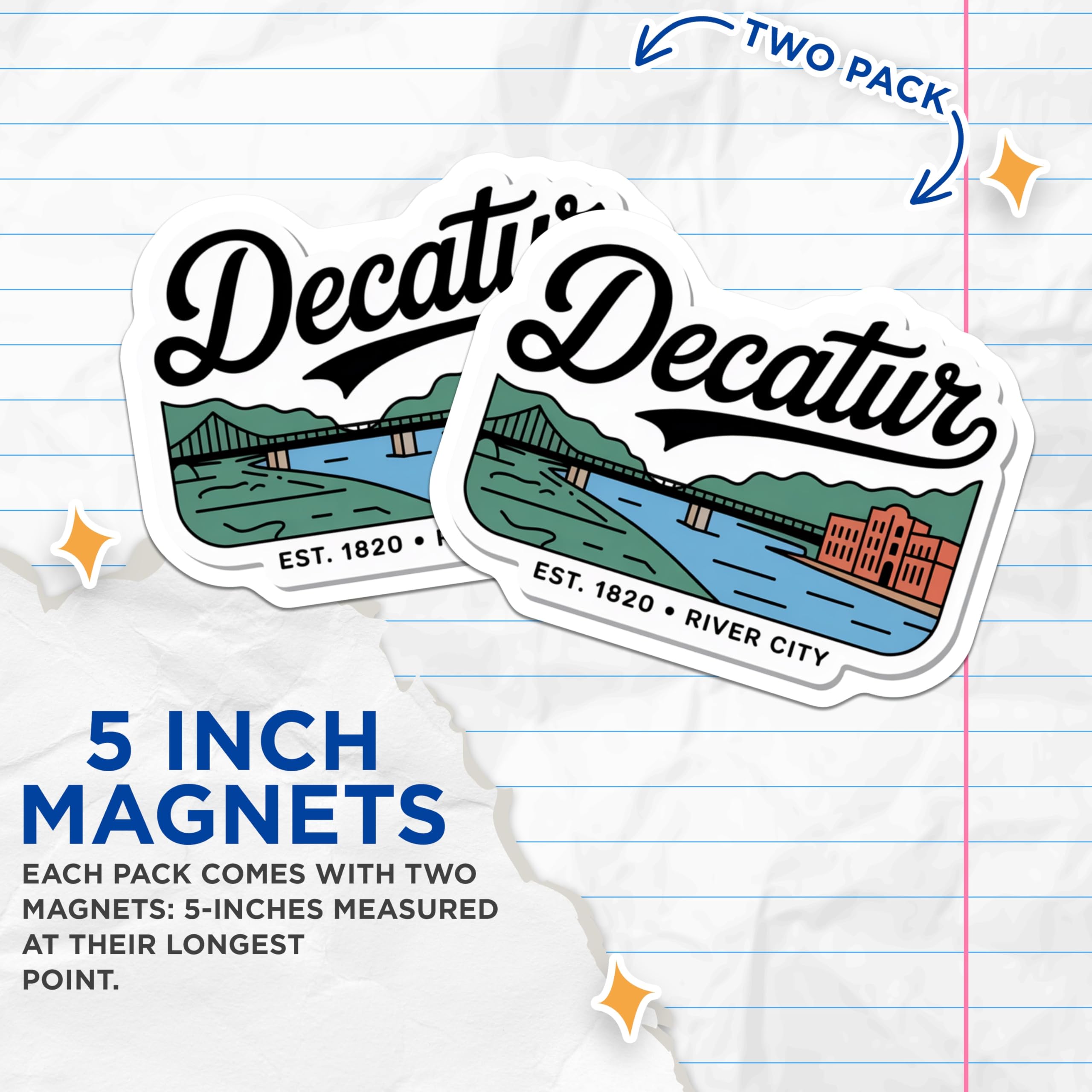 (2 Pack) Decatur Alabama Magnets - River City Decor - Established 1820 Souvenir - 5" On Longest Side - Premium Magnet - for Cars, Refrigerators, Toolboxes, Lockers - Made in USA - MAG17389