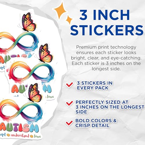 (3 Pack) Autism Awareness Decals - Butterfly Infinity Decal - Autism Puzzle Piece Stickers - 3 Inches On Longest Side - Easy Peel & Apply - Made in USA - 3MCS7190