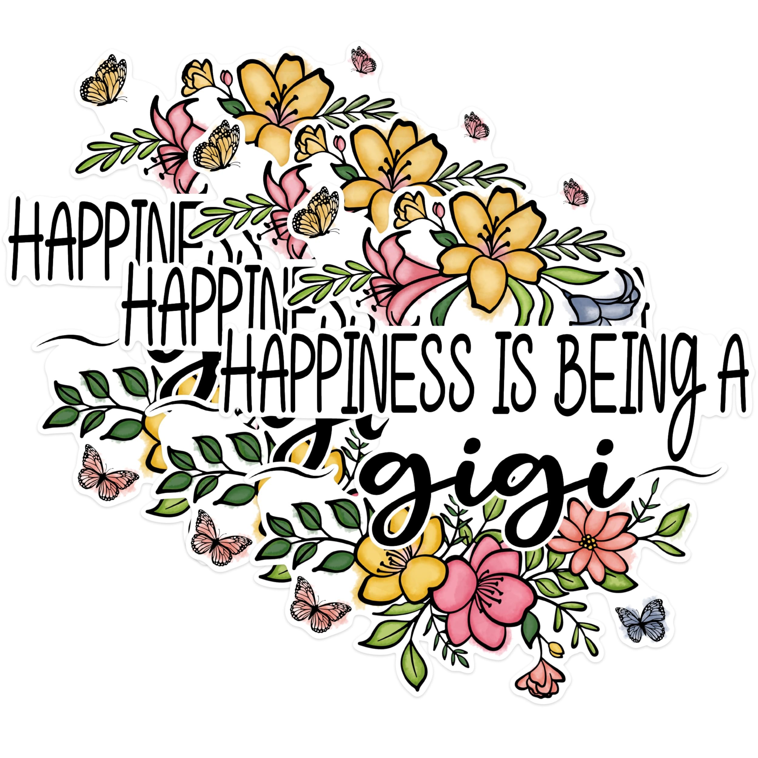 (3 Pack) Gigi Decals - Happiness is Being a Gigi - Floral Gigi Decals - 3 Inches On Longest Side - Easy Peel & Apply - Made in USA - 3MCS1733