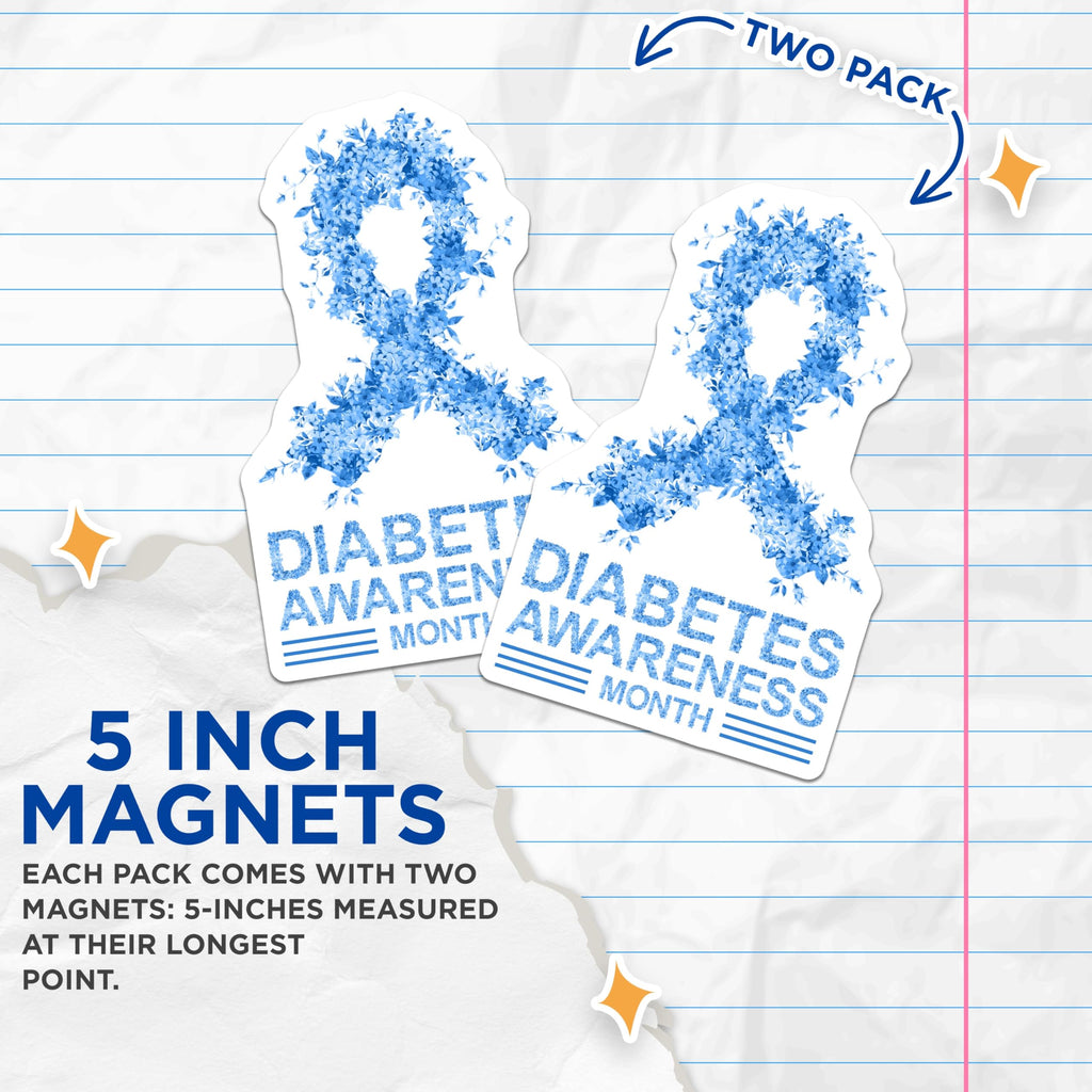 (2 Pack) Diabetes Awareness Magnets - Floral Blue Ribbon - Awareness Month Magnet - 5" On Longest Side - Premium Magnet - for Cars, Refrigerators, Toolboxes, Lockers - Made in USA - MAG17019