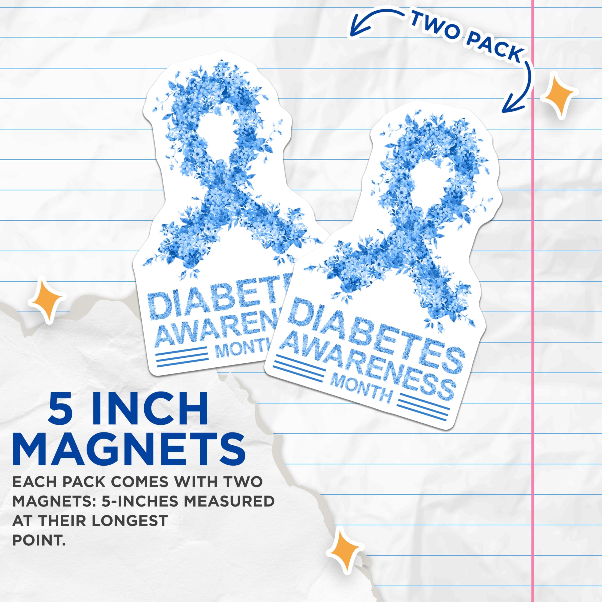 (2 Pack) Diabetes Awareness Magnets - Floral Blue Ribbon - Awareness Month Magnet - 5" On Longest Side - Premium Magnet - for Cars, Refrigerators, Toolboxes, Lockers - Made in USA - MAG17019