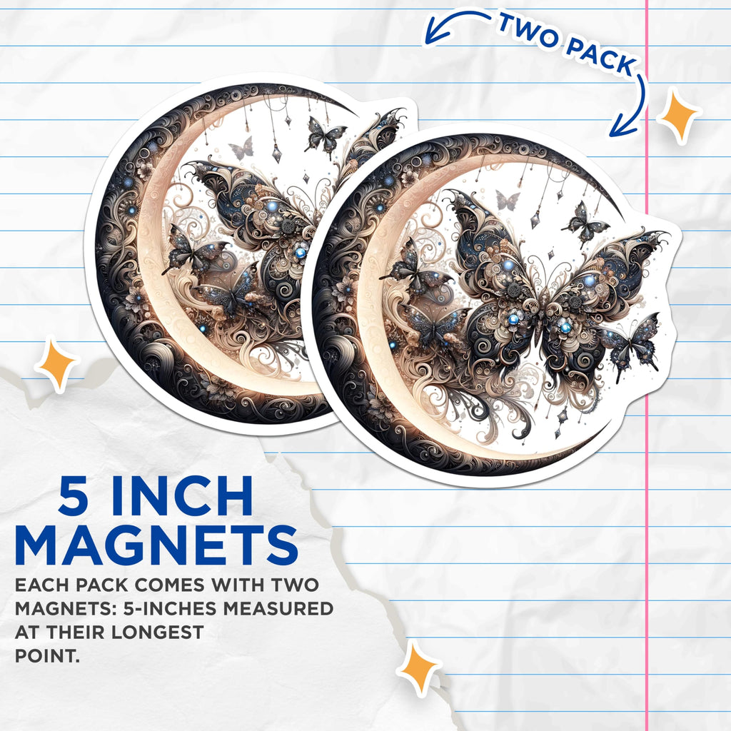 (2 Pack) Butterfly Moon Magnets - Celestial Decor - Decorative Fridge Magnets - 5" On Longest Side - Premium Magnet - for Cars, Refrigerators, Toolboxes, Lockers - Made in USA - MAG14402