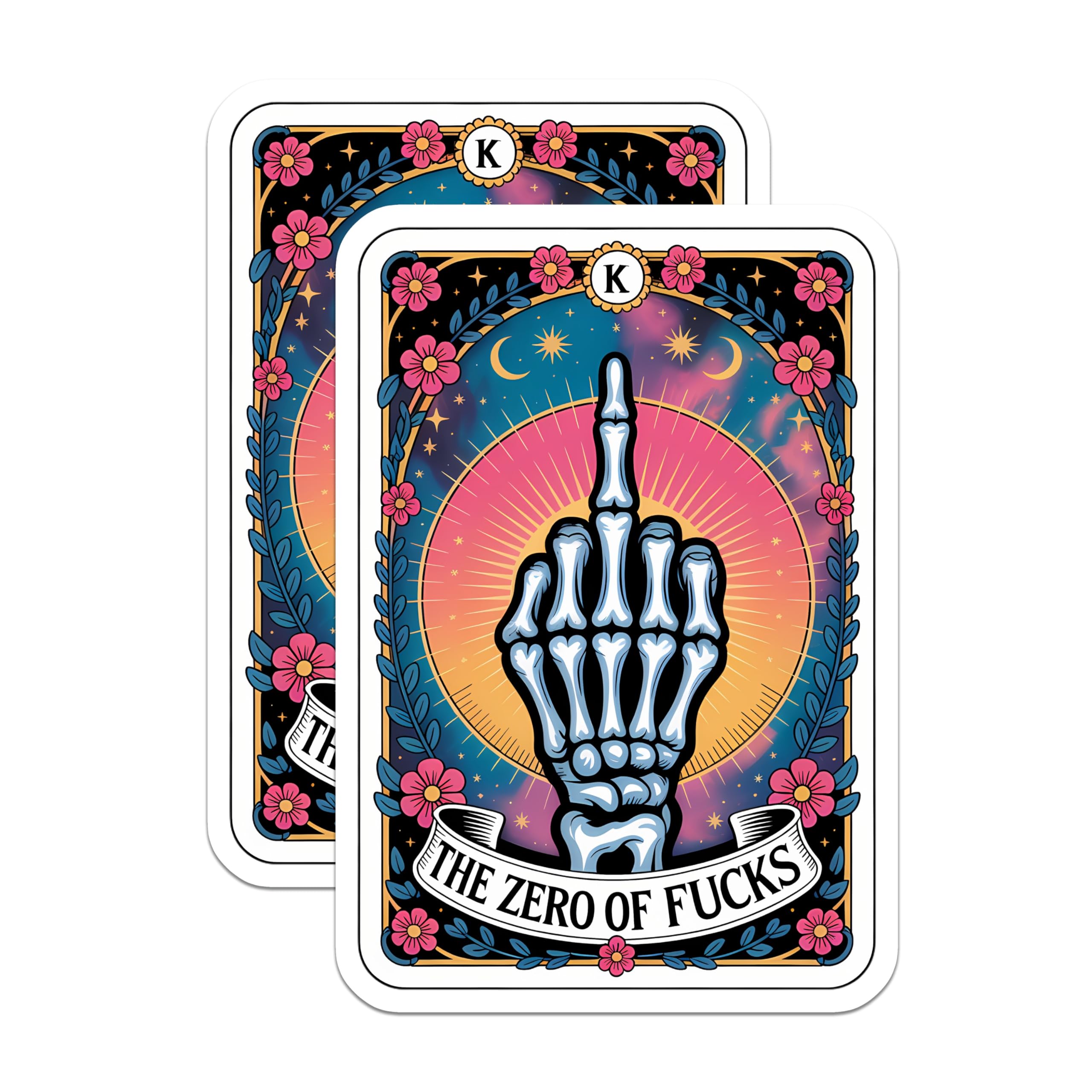(2 Pack) Skeleton Middle Finger Magnets - Zero Fucks Tarot Card Art - Sarcastic Edgy Rebellious Decor - 5 Inches On Longest Side - Thick Durable Magnet - Made in USA - MAG22229