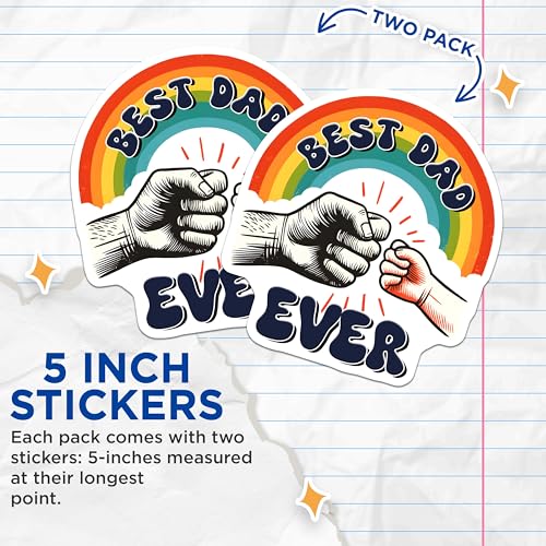 (2 Pack) Best Dad Ever Stickers - Father's Day - Rainbow - 5" On Longest Side - Sticks to Smooth Flat Surfaces - Made in USA - BMCS7479