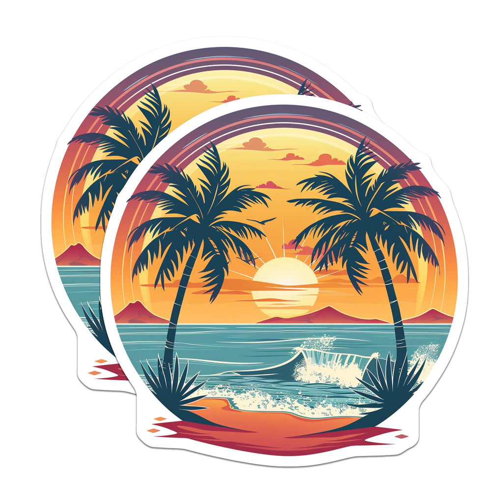 (2 Pack) Tropical Beach Sunset Magnets - Palm Tree Ocean Wave - Retro Summer Vacation Vibe - Coastal Decor - 5 Inches On Longest Side - Thick Durable Magnet - Made in USA - MAG36085