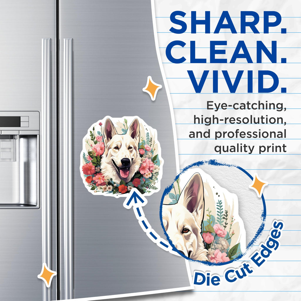 (2 Pack) White German Shepherd Magnets - Floral Dog Lover Decor - Pet Parent Refrigerator Animal Art - 5 Inches On Longest Side - Thick Durable Magnet - Made in USA - MAG25386