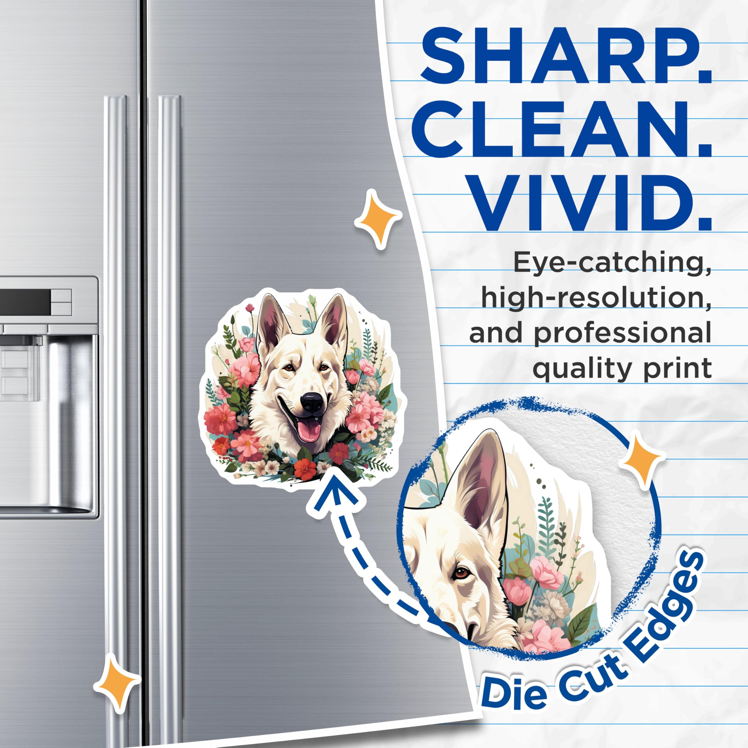 (2 Pack) White German Shepherd Magnets - Floral Dog Lover Decor - Pet Parent Refrigerator Animal Art - 5 Inches On Longest Side - Thick Durable Magnet - Made in USA - MAG25386