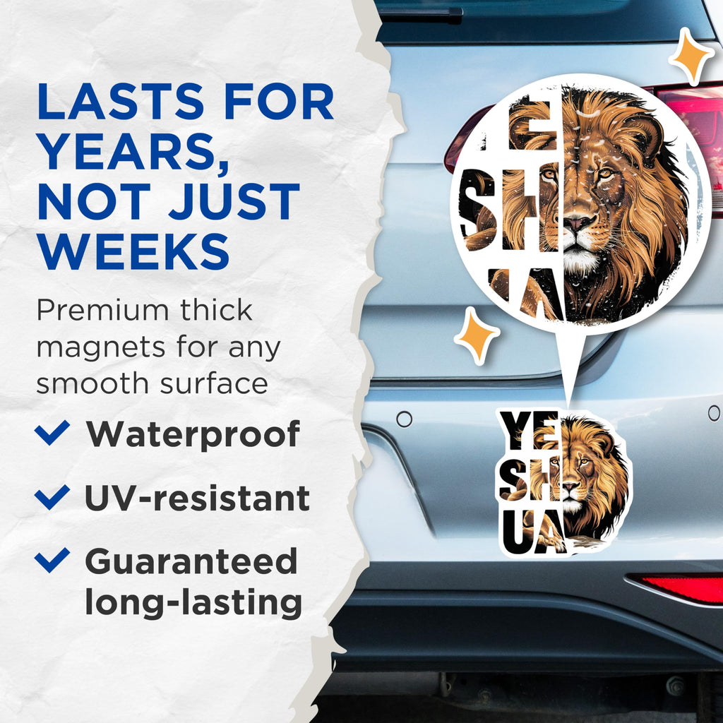 (2 Pack) Yeshua Lion Magnets - Lion of Judah Spiritual Decor - Christian Faith Refrigerator Accent - 5 Inches On Longest Side - Thick Durable Magnet - Made in USA - MAG20829