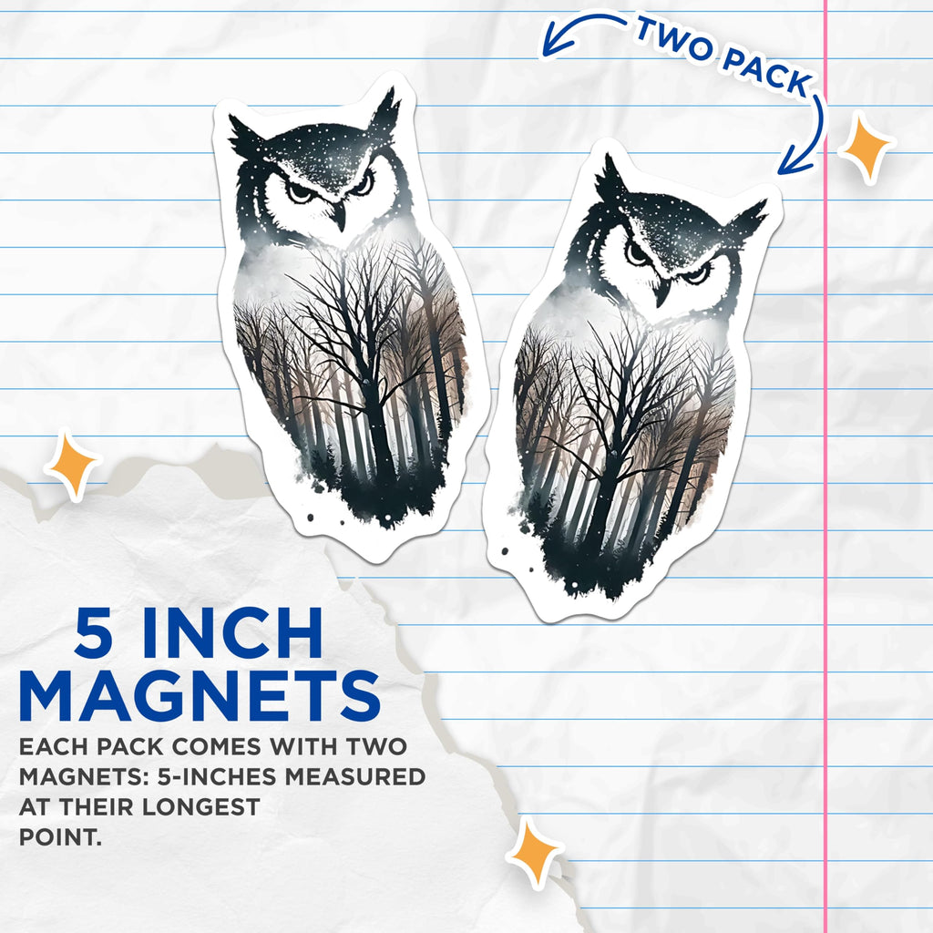 (2 Pack) Owl Forest Scene Magnets - Nature Art Magnets - Fridge Decor Magnets - 5" On Longest Side - Premium Magnet - for Cars, Refrigerators, Toolboxes, Lockers - Made in USA - MAG15594