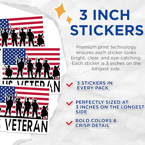 (3 Pack) US Veteran Decals - Military Decals - American Flag Stickers - 3 Inches On Longest Side - Easy Peel & Apply - Made in USA - 3MCS4806