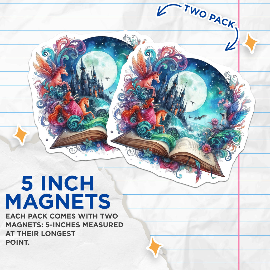 (2 Pack) Fantasy Storybook Magnets - Enchanted Castle Moon Scene Art - Whimsical Mythical Creatures Decor - 5 Inches On Longest Side - Thick Durable Magnet - Made in USA - MAG36534