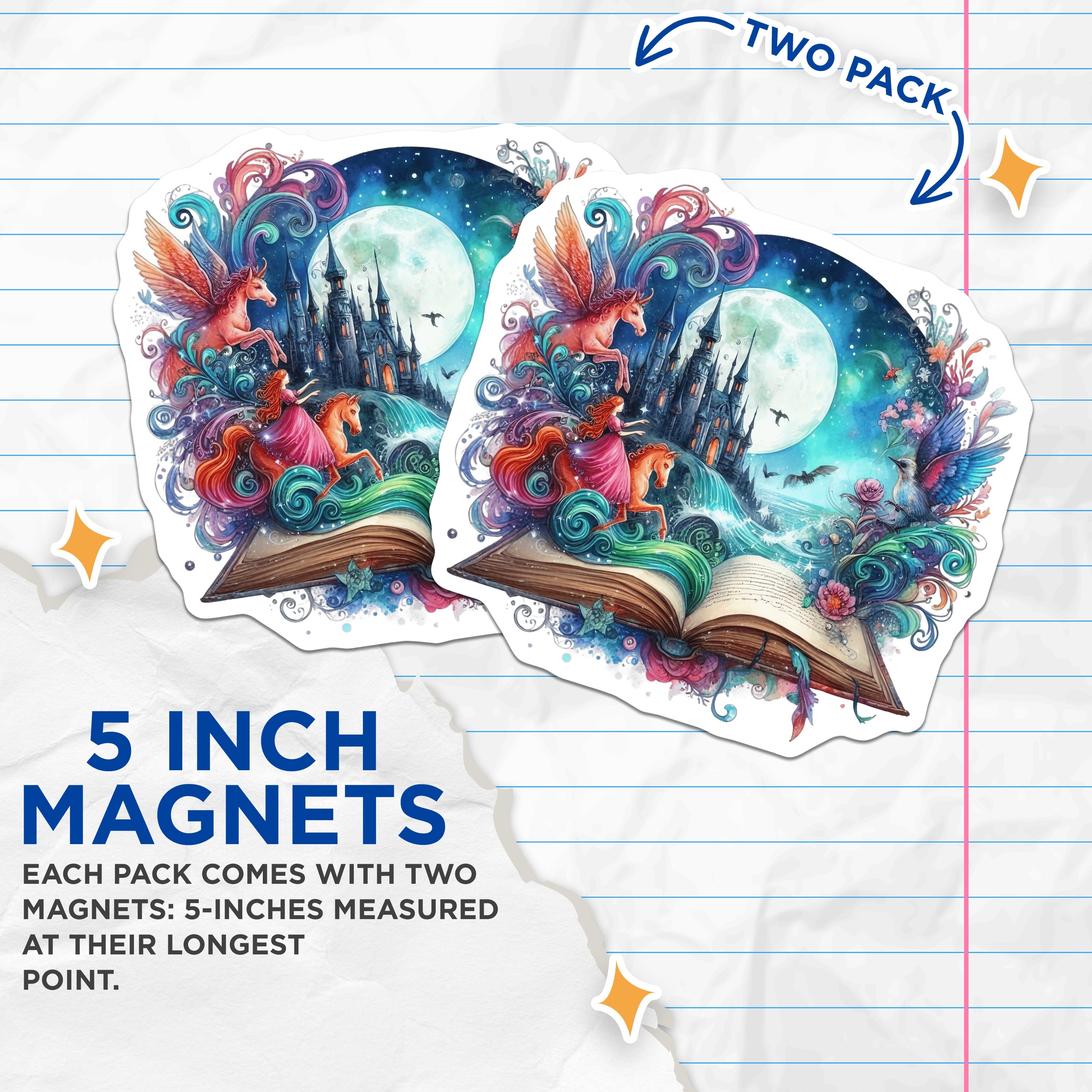 (2 Pack) Fantasy Storybook Magnets - Enchanted Castle Moon Scene Art - Whimsical Mythical Creatures Decor - 5 Inches On Longest Side - Thick Durable Magnet - Made in USA - MAG36534