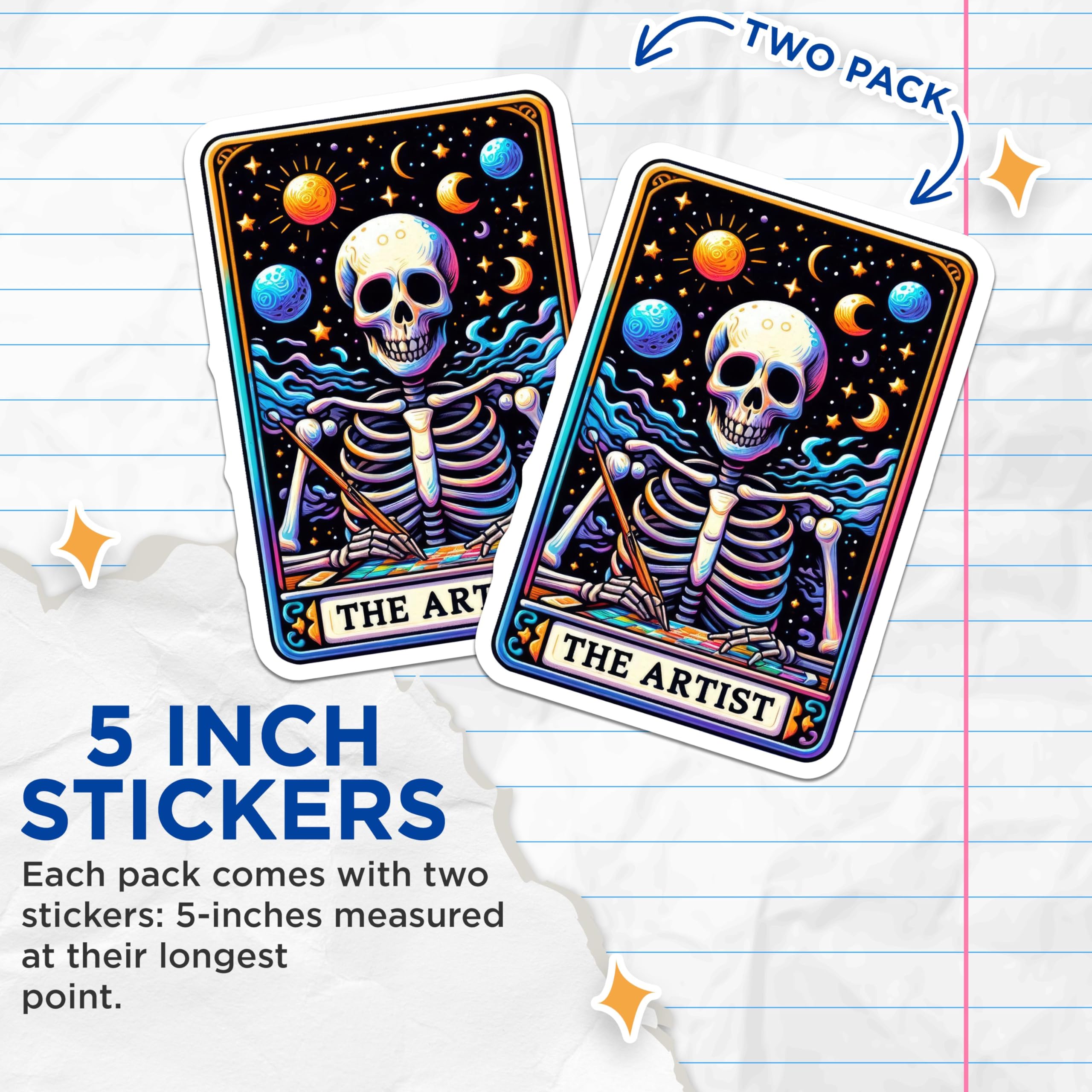 (2 Pack) Artistic Skeleton Stickers - Cosmic Skull Art Stickers - Space Theme Skeleton Stickers - 5" On Longest Side - Sticks to Smooth Flat Surfaces - Made in USA - BMCS5348