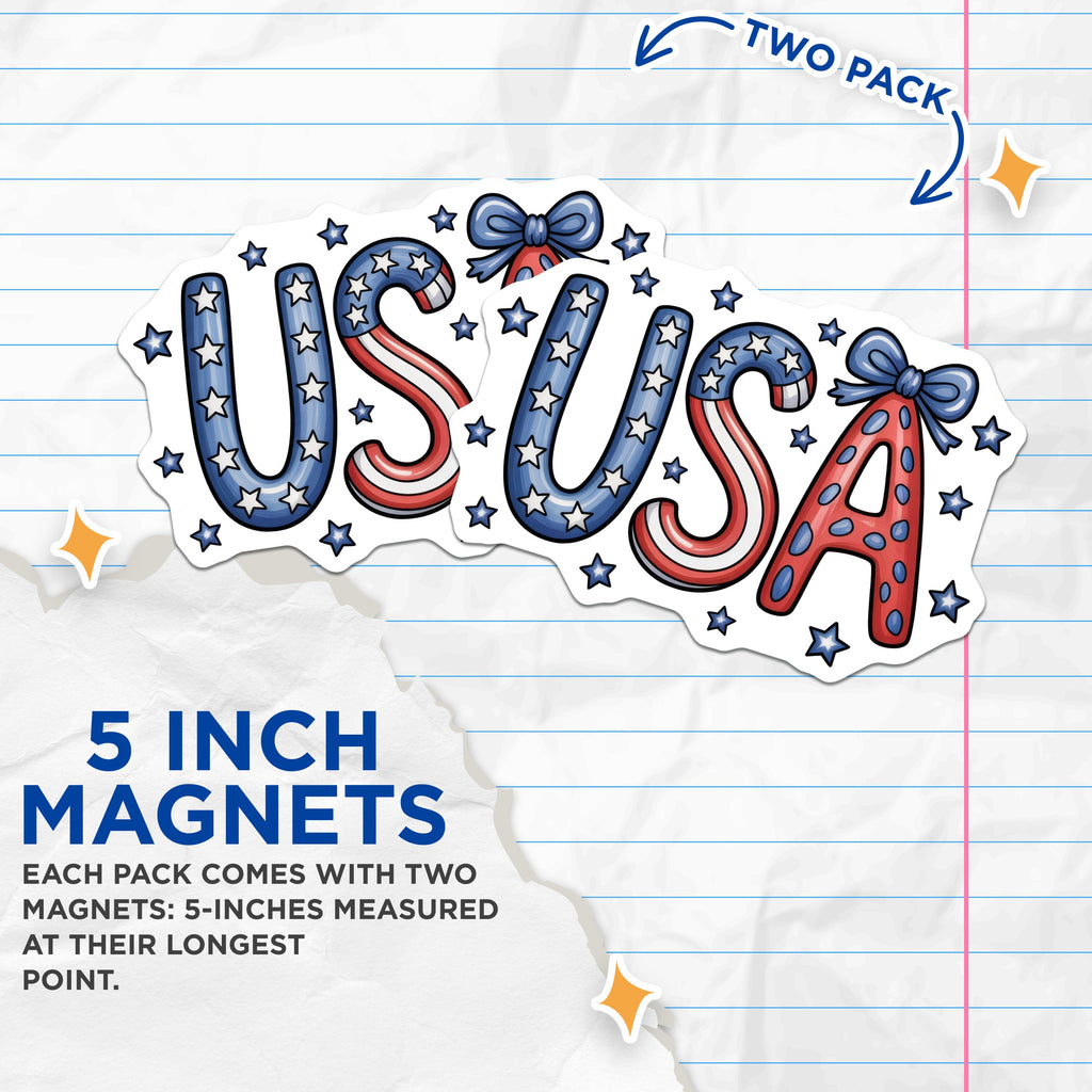 (2 Pack) Patriotic USA Magnets - American Flag Decor - Red White Blue Kitchen Fridge - Independence Day Celebration - 5 Inches On Longest Side - Thick Durable Magnet - Made in USA - MAG37775