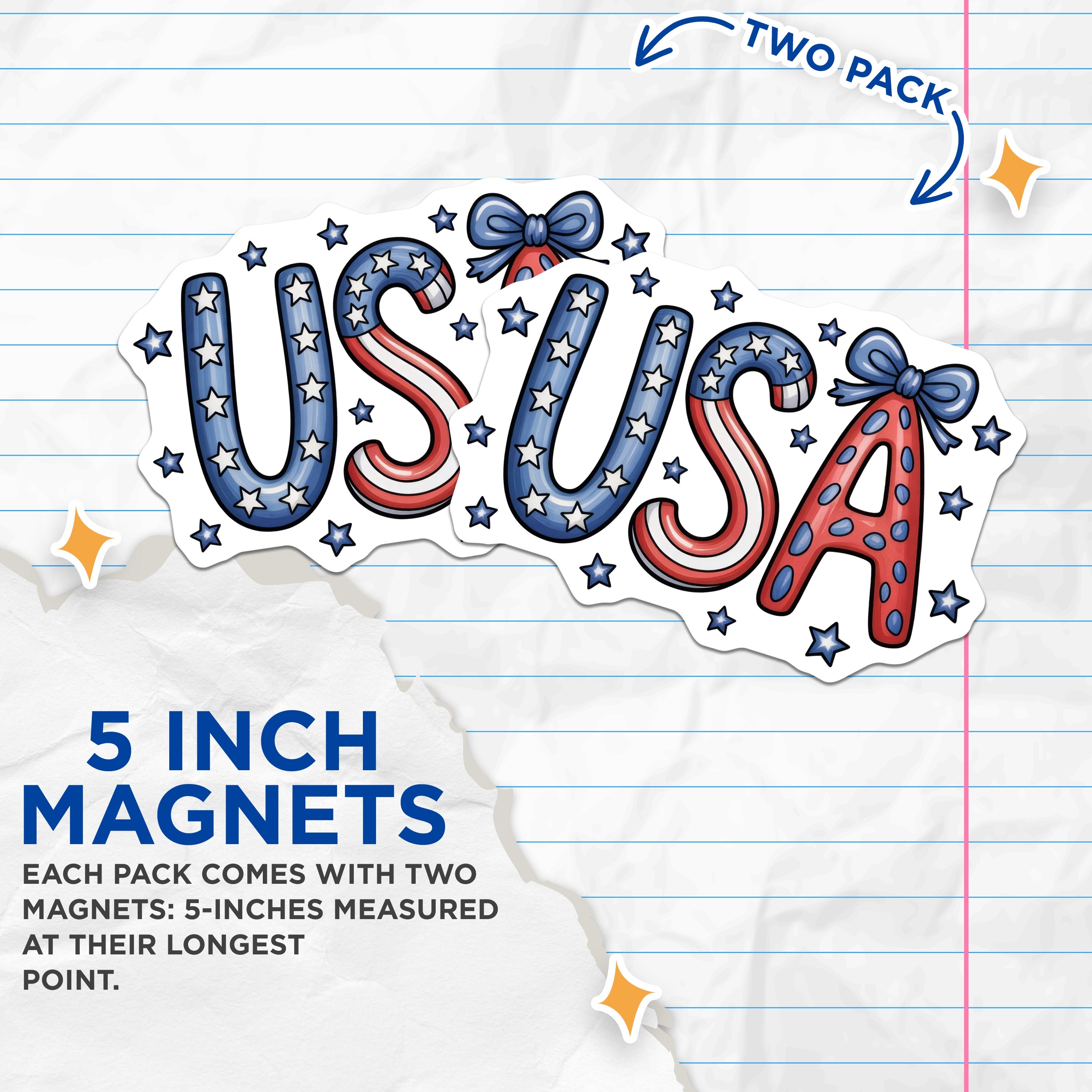 (2 Pack) Patriotic USA Magnets - American Flag Decor - Red White Blue Kitchen Fridge - Independence Day Celebration - 5 Inches On Longest Side - Thick Durable Magnet - Made in USA - MAG37775