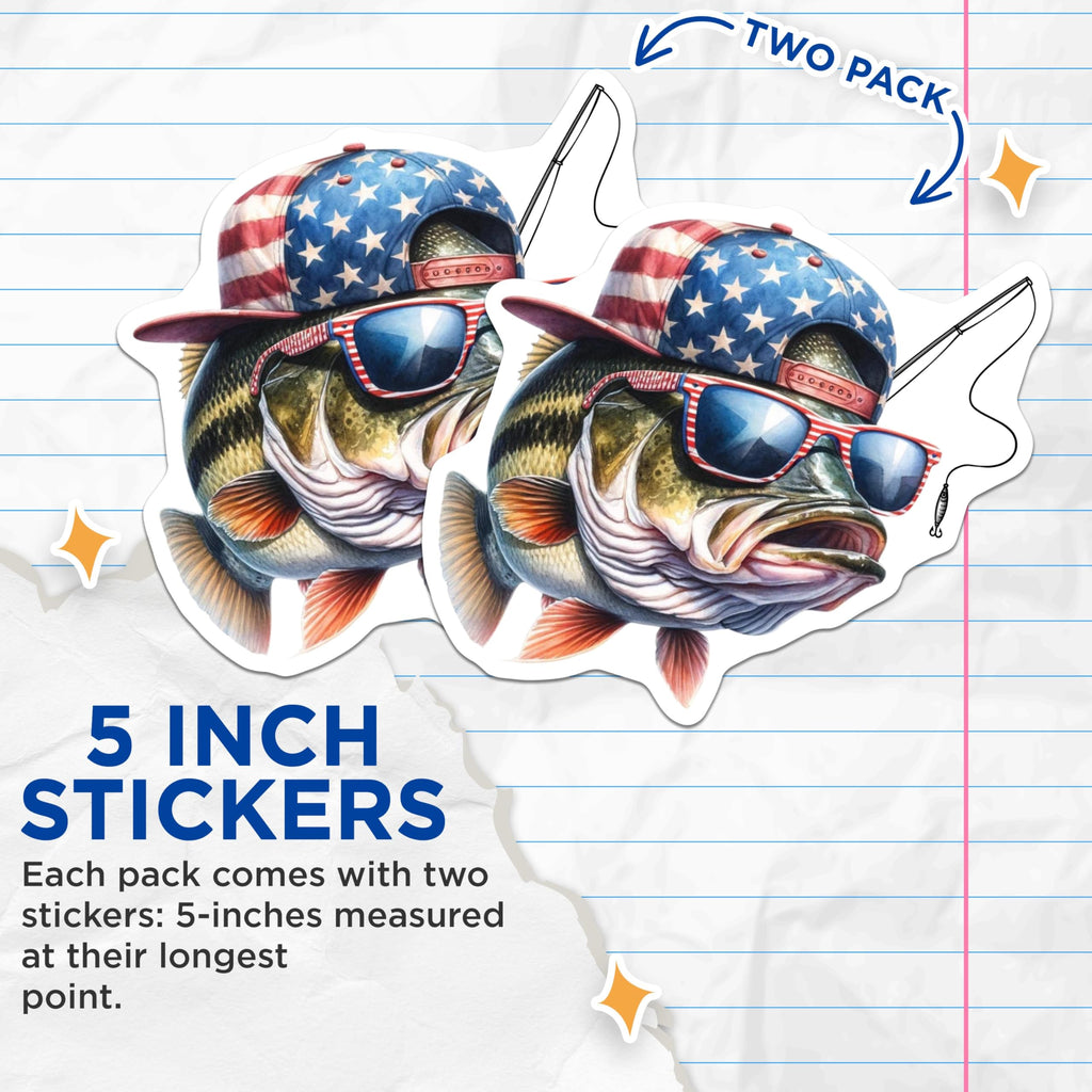 (2 Pack) Patriotic Fishing Bass Stickers - Funny Fish Hat Glasses - 4th of July Fishing Gear - 5" On Longest Side - Sticks to Smooth Flat Surfaces - Made in USA - BMCS5983