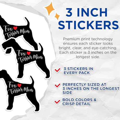 (3 Pack) Fox Terrier Mom Decals - Dog Breed Laptop Decal - Pet Lover Stickers - 3 Inches On Longest Side - Easy Peel & Apply - Made in USA - 3MCS1341