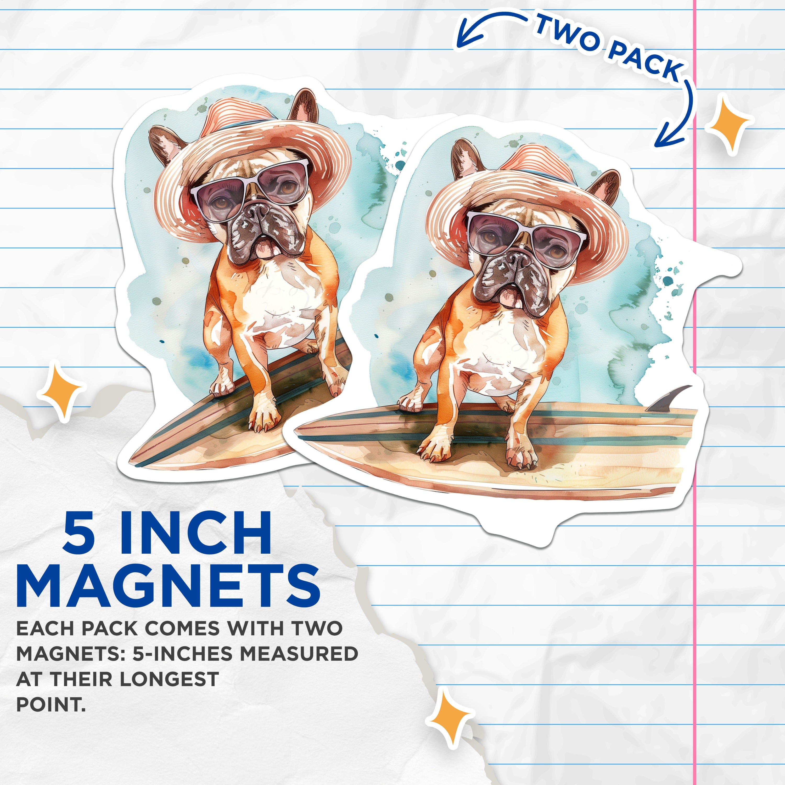 (2 Pack) French Bulldog Magnets - Surfer Frenchie Art - Beach Ocean Pet Lover Refrigerator Decor for Home - 5 Inches On Longest Side - Thick Durable Magnet - Made in USA - MAG39930