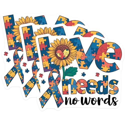 (3 Pack) Autism Awareness Decals - Sunflower Puzzle - Love Needs No Words Stickers - 3 Inches On Longest Side - Easy Peel & Apply - Made in USA - 3MCS8609