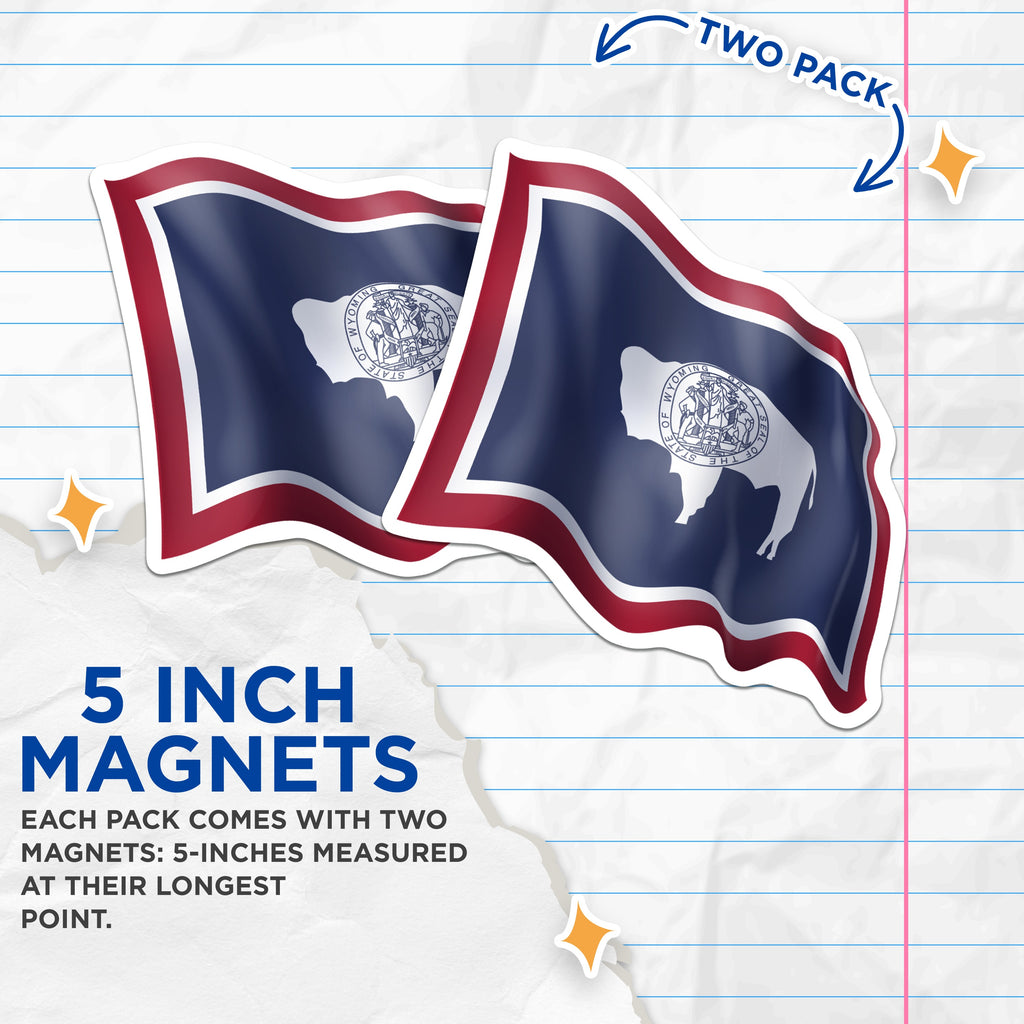 (2 Pack) Wyoming Flag Magnets - Buffalo Pride Souvenir - Western State Travel Decor Collector Item - 5 Inches On Longest Side - Thick Durable Magnet - Made in USA - MAG36520