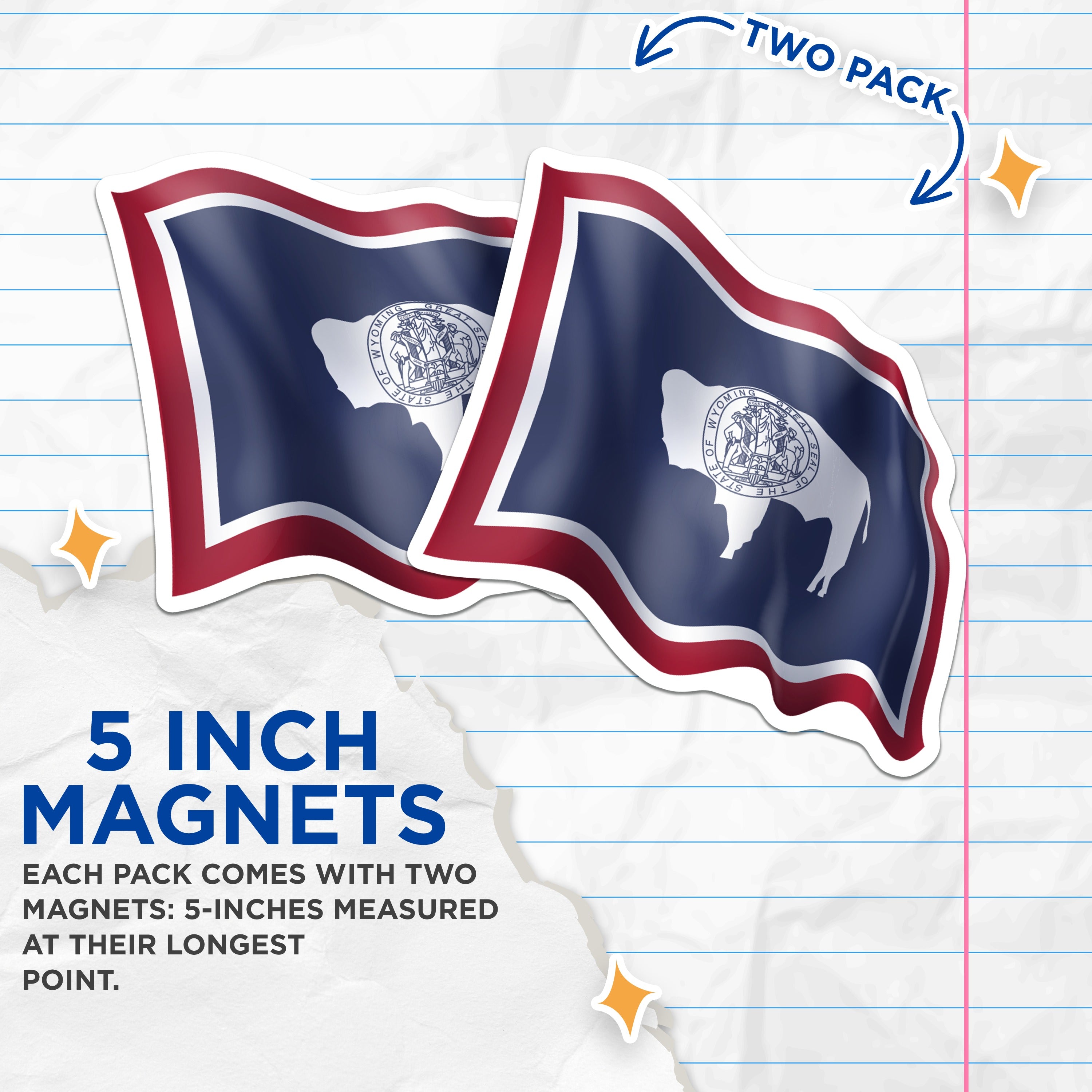 (2 Pack) Wyoming Flag Magnets - Buffalo Pride Souvenir - Western State Travel Decor Collector Item - 5 Inches On Longest Side - Thick Durable Magnet - Made in USA - MAG36520