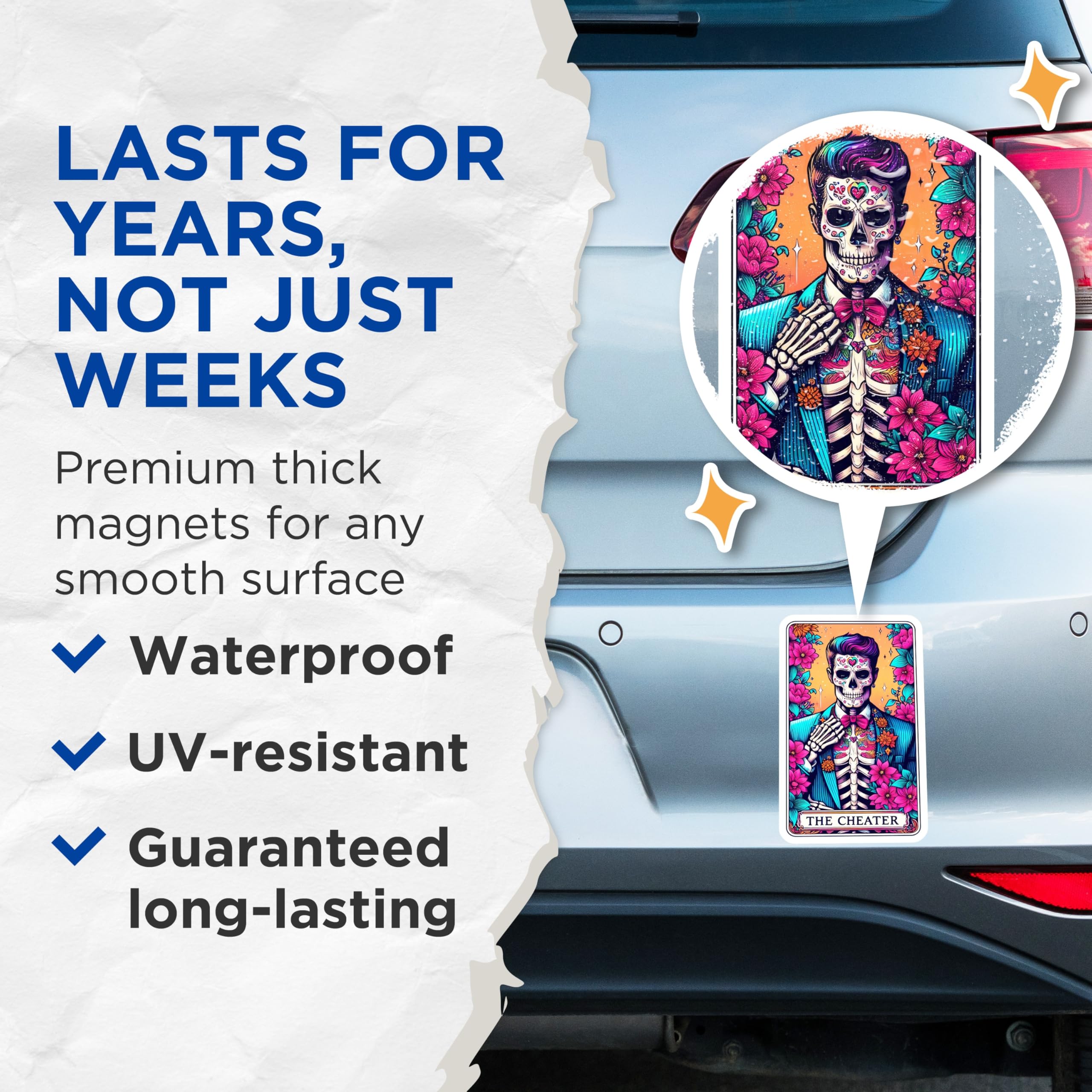 (2 Pack) Day of the Dead Magnets - Sugar Skull Tarot Card Art - The Cheater Skeleton Man Gothic Decor - 5 Inches On Longest Side - Thick Durable Magnet - Made in USA - MAG27852