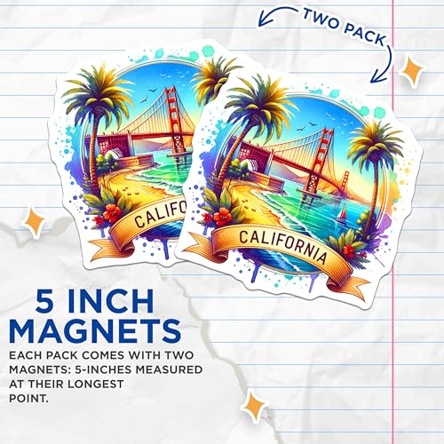 (2 Pack) California Magnets - Golden State - San Francisco Bridge - Tropical Beach Scene - 5" On Longest Side - for Cars, Fridges, Toolboxes - Made in USA - MAG6895