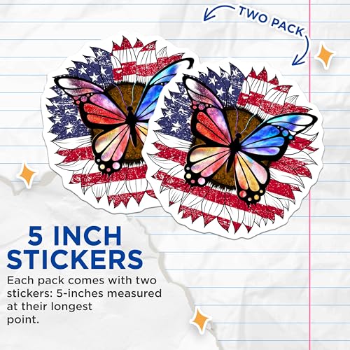 (2 Pack) Butterfly Flower Stickers - American Flag Butterfly Decal - Patriotic Floral Butterfly Art - 5" On Longest Side - Sticks to Smooth Flat Surfaces - Made in USA - BMCS5909