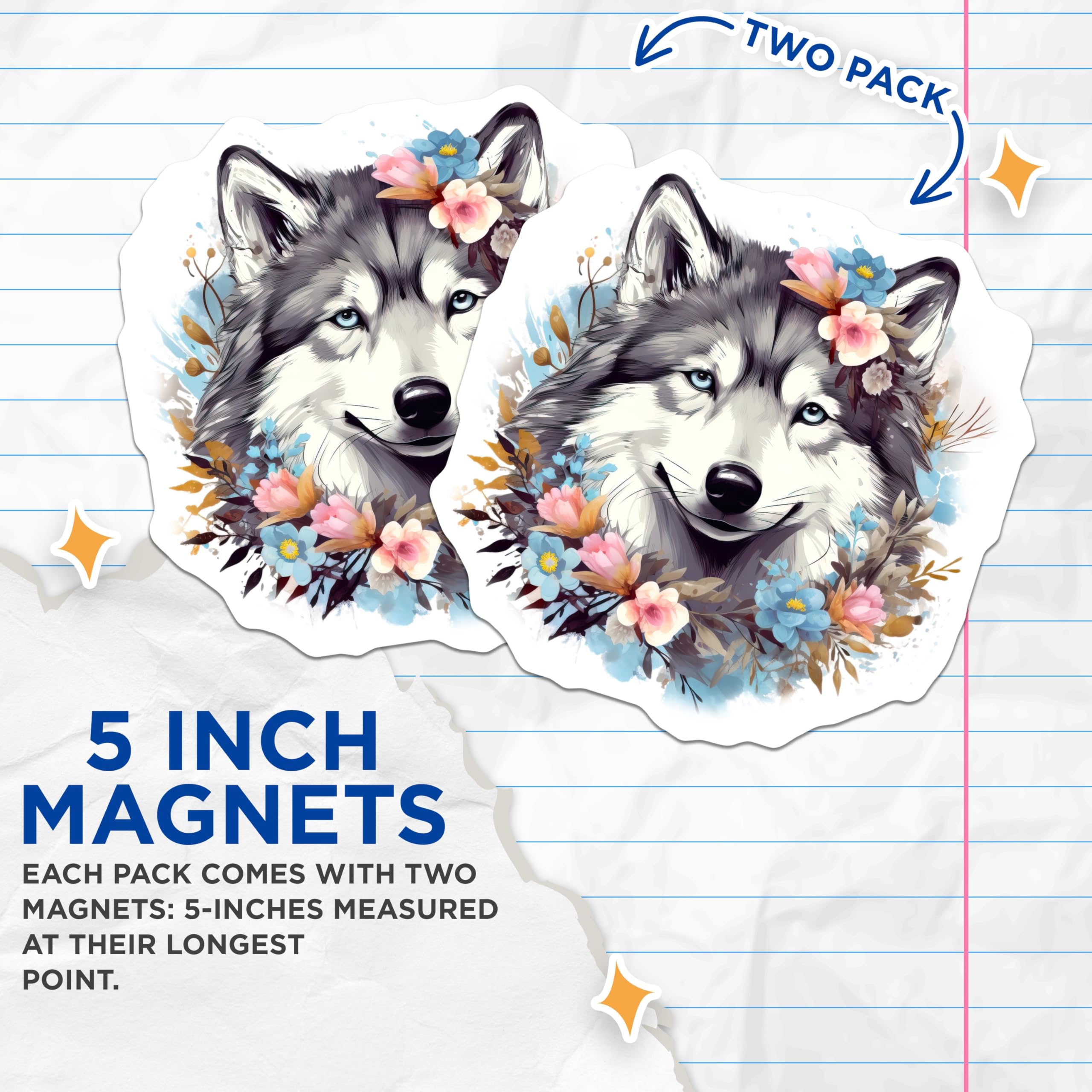(2 Pack) Husky Magnets - Watercolor Floral Dog Art - Smiling Wolf Lover Refrigerator Accents - 5 Inches On Longest Side - Thick Durable Magnet - Made in USA - MAG26805