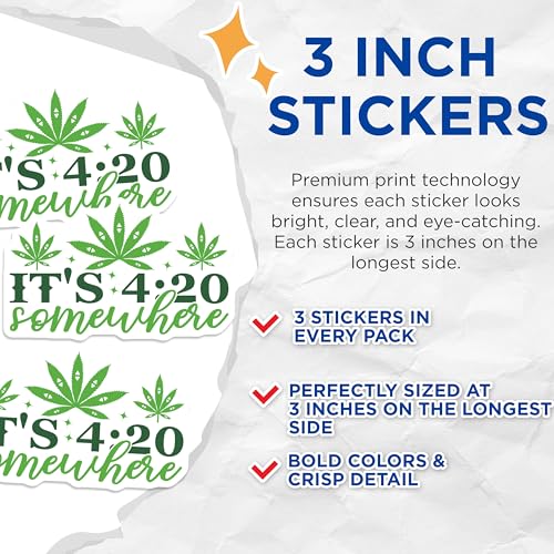 (3 Pack) 420 Decals - It's 420 Somewhere - Marijuana Decal - Laptop Decals - Funny Stickers - Weed Sticker - Pot Leaf Decal - 3 Inches On Longest Side - Easy Peel & Apply - Made in USA - 3MCS7681