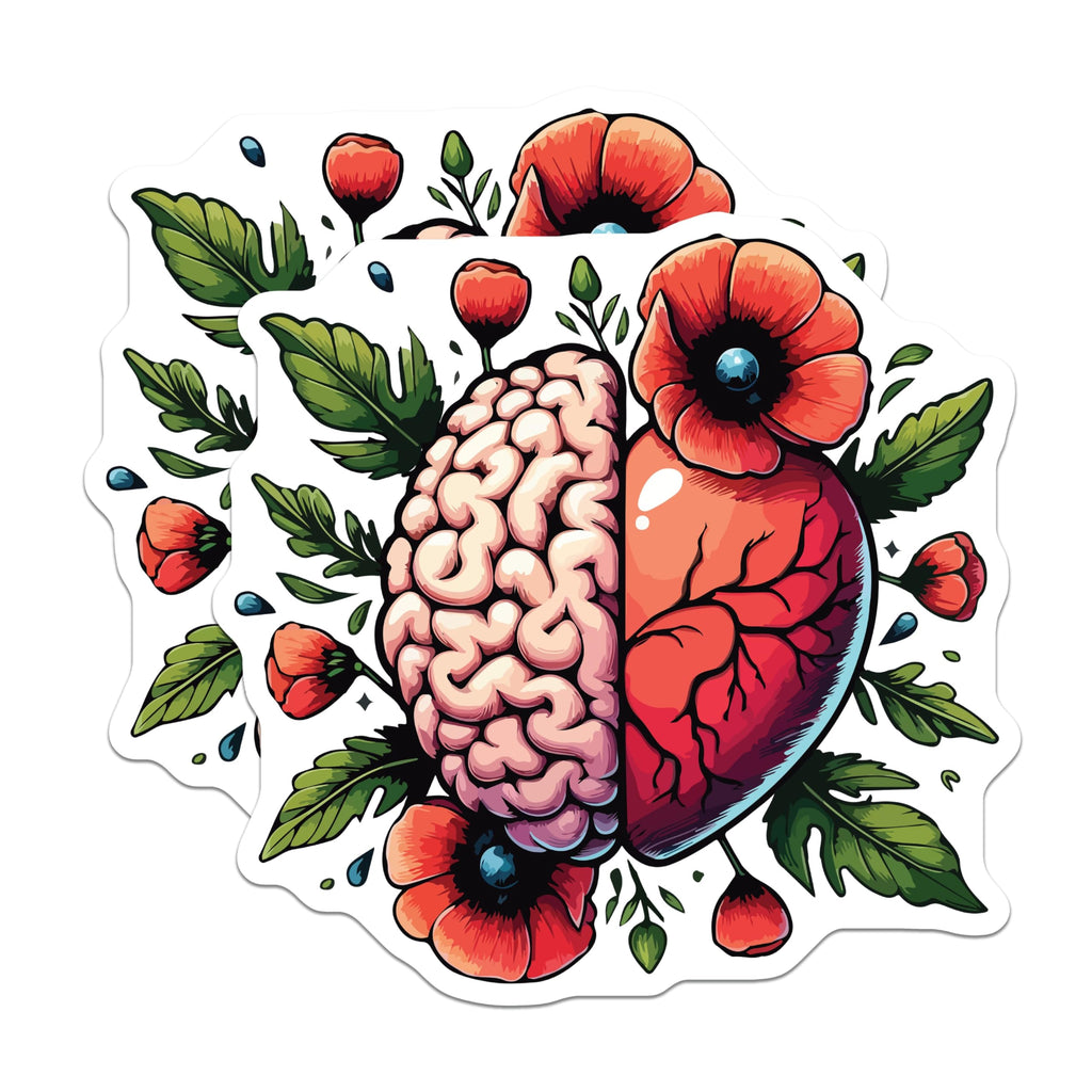 (2 Pack) Brain Heart Poppies Magnets - Mental Health Art - Emotional Balance Decor - Neuroscience Floral Design - 5 Inches On Longest Side - Thick Durable Magnet - Made in USA - MAG19636