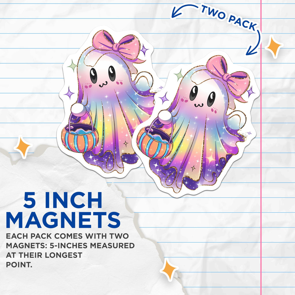 (2 Pack) Kawaii Rainbow Ghost Magnets - Cute Pastel Halloween Decor - Sparkling Fridge Locker Magnets - 5 Inches On Longest Side - Thick Durable Magnet - Made in USA - MAG20387
