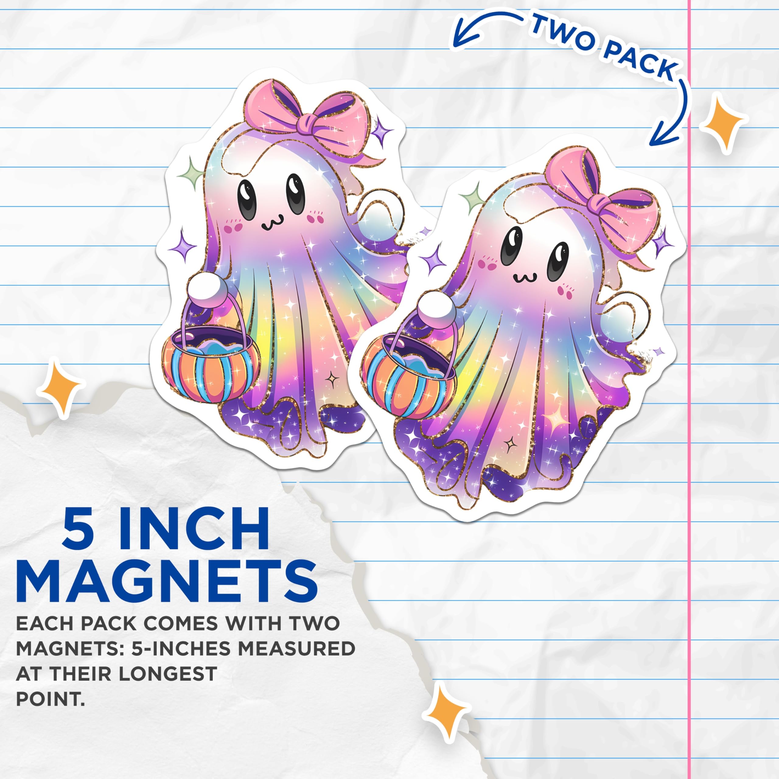 (2 Pack) Kawaii Rainbow Ghost Magnets - Cute Pastel Halloween Decor - Sparkling Fridge Locker Magnets - 5 Inches On Longest Side - Thick Durable Magnet - Made in USA - MAG20387