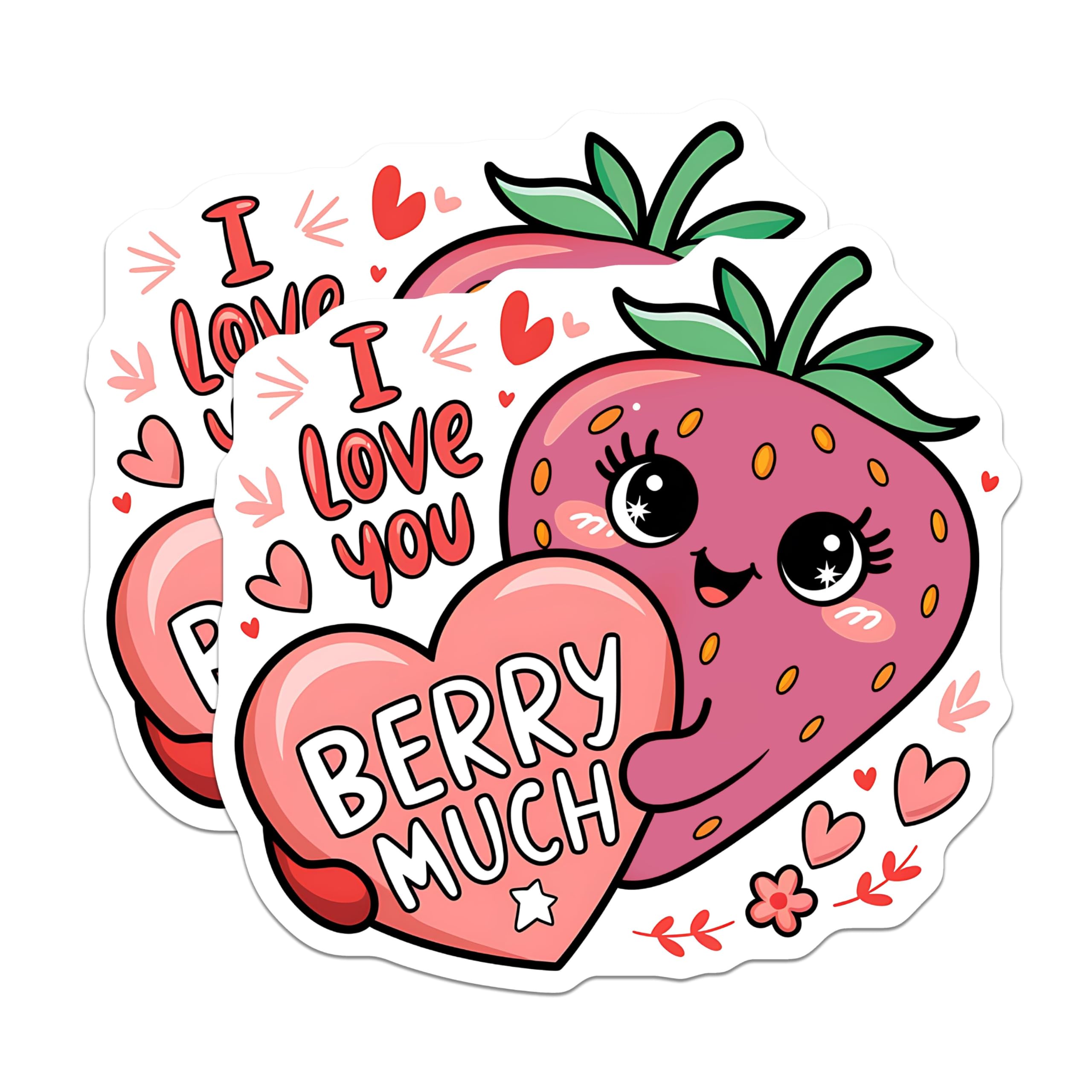 (2 Pack) I Love You Berry Much Stickers - Cute Strawberry Stickers - Adorable Heart Stickers - 5" On Longest Side - Sticks to Any Smooth Flat Surface - Made in USA - BMCS3500
