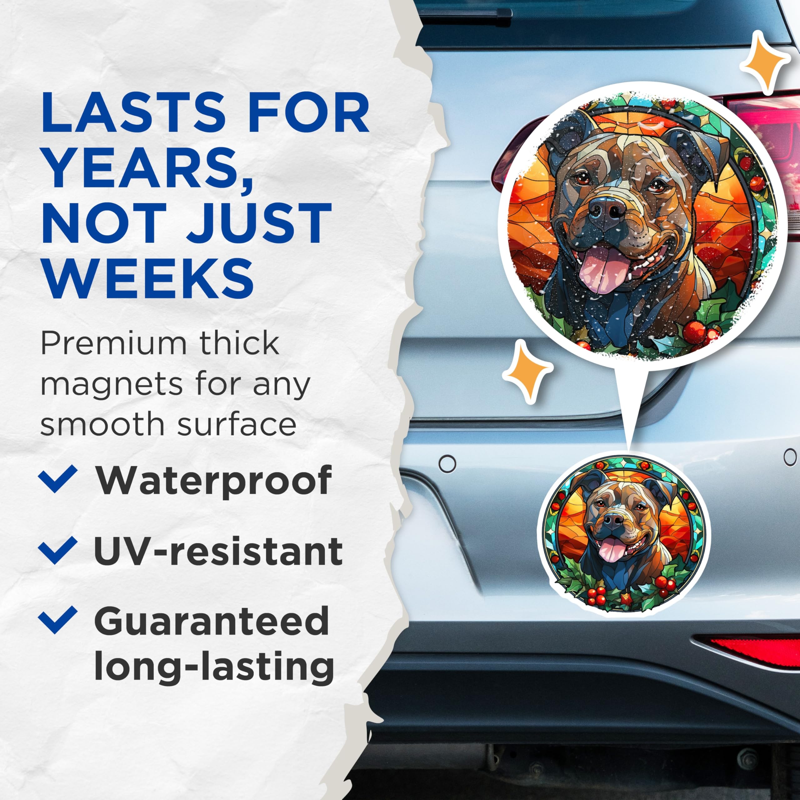 (2 Pack) Pitbull Christmas Stained Glass Magnets - Dog Mom Holiday Decor - Pet Parent Kitchen Art - 5 Inches On Longest Side - Thick Durable Magnet - Made in USA - MAG27098