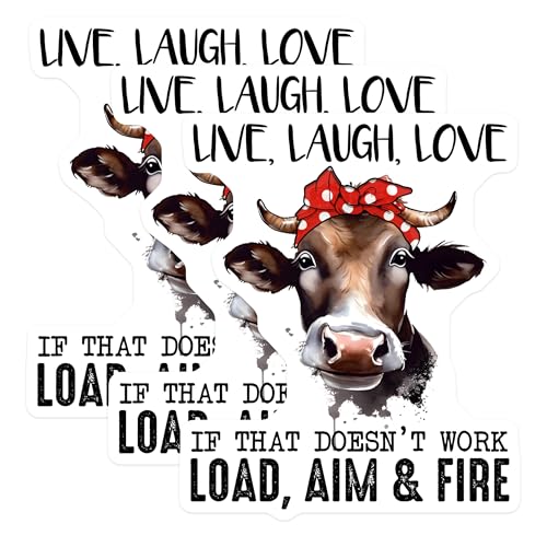 (3 Pack) Funny Cow Decals - Live Laugh Love - Laptop Decals - 3 Inches On Longest Side - Easy Peel & Apply - Made in USA - 3MCS6501