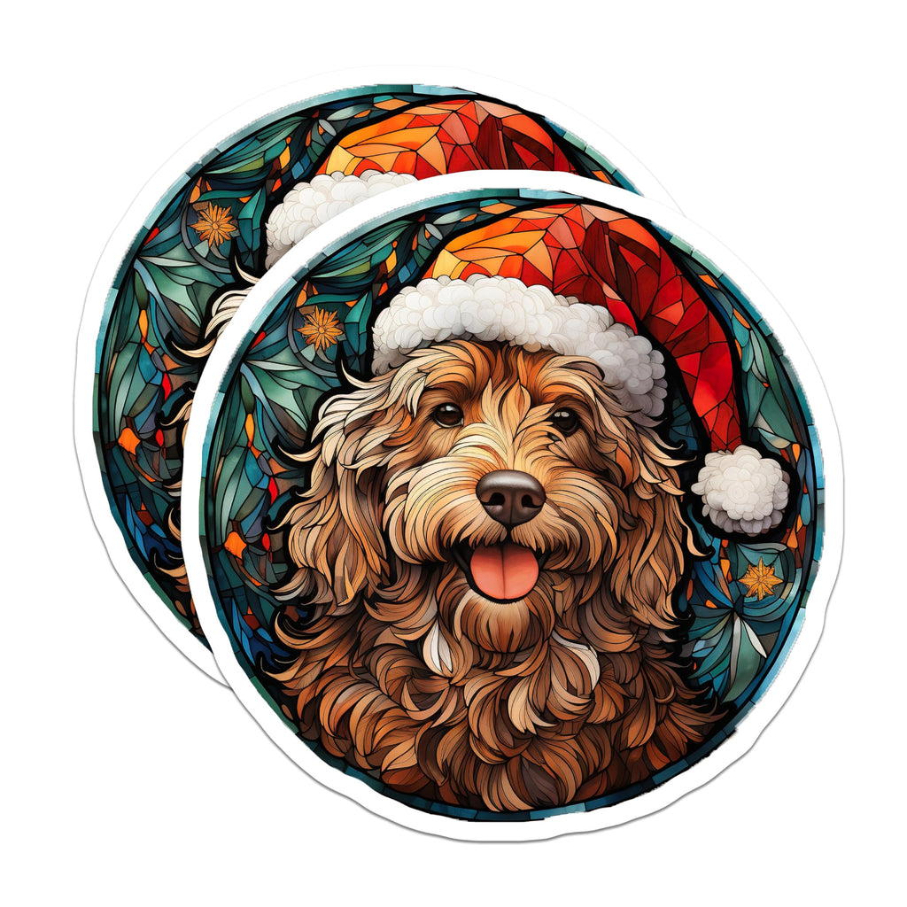(2 Pack) Christmas Doodle Dog Magnets - Stained Glass Pet Art - Santa Hat Goldendoodle Labradoodle Holiday Decor - 5 Inches On Longest Side - Thick Durable Magnet - Made in USA - MAG29663