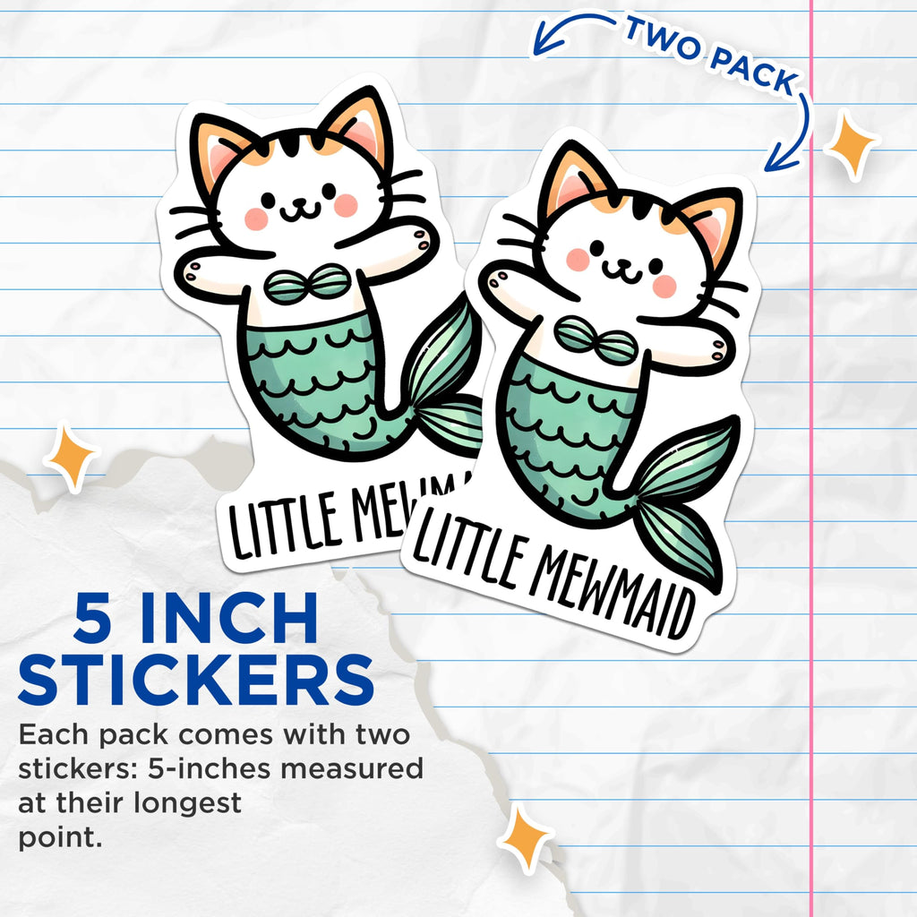 (2 Pack) Little Mewmaid Stickers - Cute Cat Mermaid Stickers - Fun Ocean Animal Stickers for Kids - 5" On Longest Side - Sticks to Any Smooth Flat Surface - Made in USA - BMCS3132