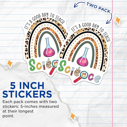 (2 Pack) It's a Good Day to Teach Science Stickers - Rainbow Leopard Pattern - Science Classroom Decor - 5" On Longest Side - Sticks to Smooth Flat Surfaces - Made in USA - BMCS7841