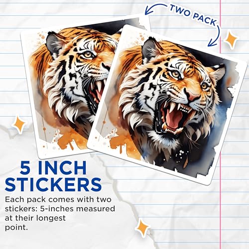 (2 Pack) Fierce Tiger Stickers - Wild Animal Art - Roaring Tiger Design - 5" On Longest Side - Sticks to Smooth Flat Surfaces - Made in USA - BMCS8710