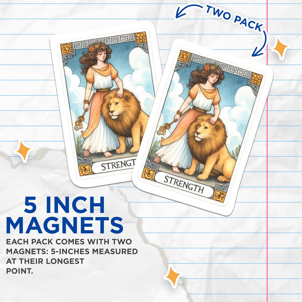 (2 Packs) Strength Lion Tarot Card Magnets - Spiritual Mystical Metaphysical Magnets - 5 Inches On Longest Side - Premium Magnet - for Fridges, Toolboxes, Cars - Made in USA - MAG2262