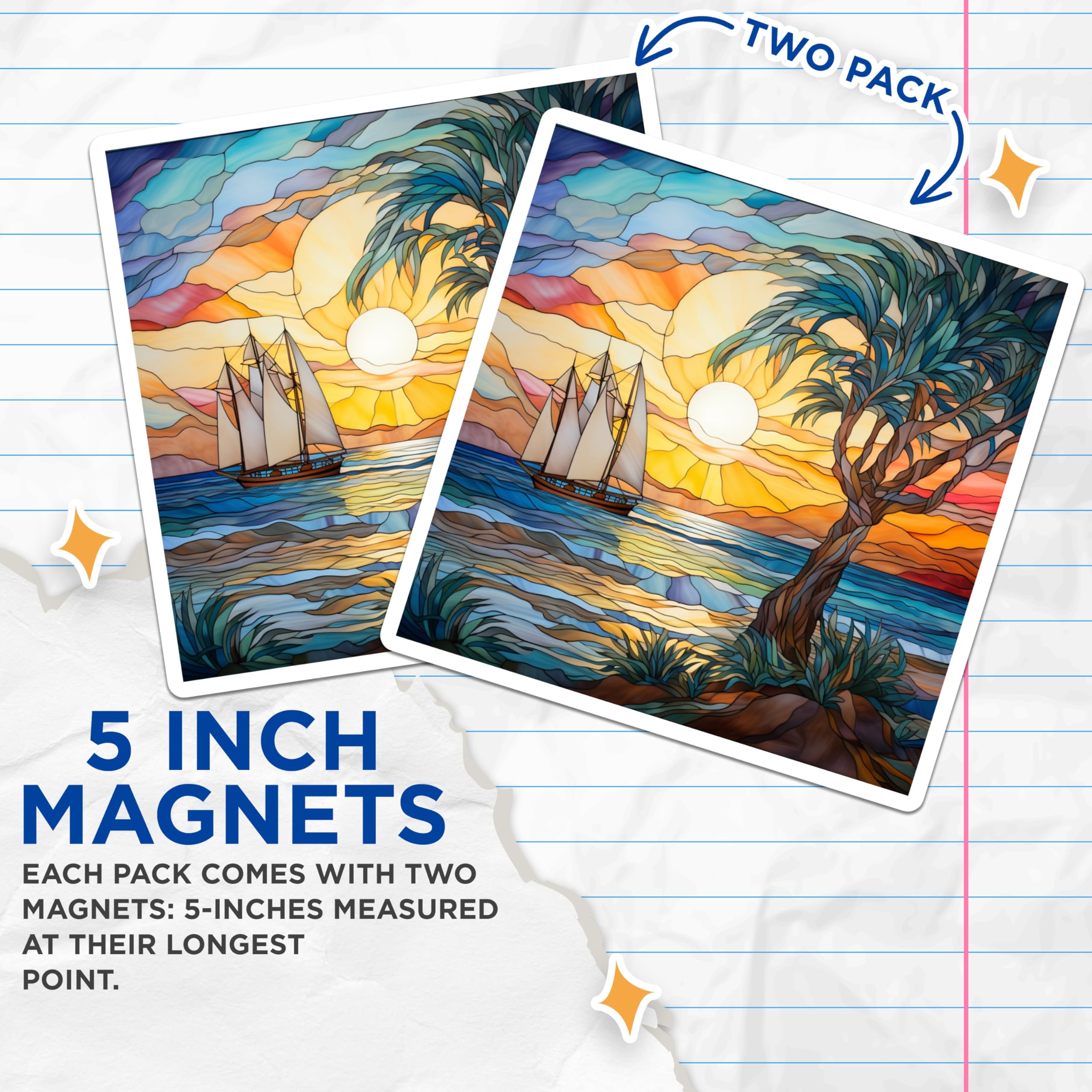 (2 Pack) Stained Glass Ocean Magnets - Tropical Sunset Decor - Sailboat Kitchen Art - 5 Inches On Longest Side - Thick Durable Magnet - Made in USA - MAG25678