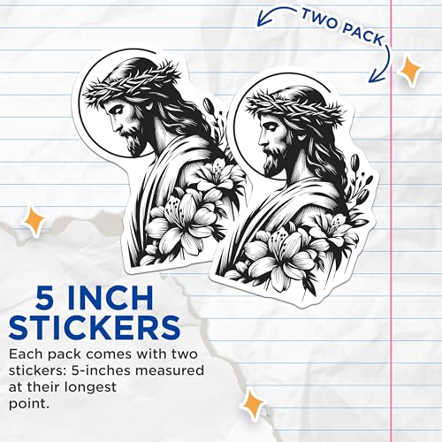 (2 Pack) Jesus Stickers - Religious Art Stickers - Christian Faith Stickers - 5" On Longest Side - Sticks to Smooth Flat Surfaces - Made in USA - BMCS7317