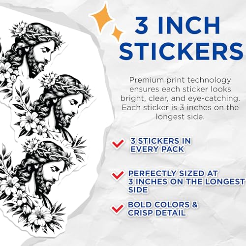 (3 Pack) Jesus Christ Decals - Floral Crown Stickers - Religious Laptop Decals - 3 Inches On Longest Side - Easy Peel & Apply - Made in USA - 3MCS6095