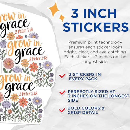 (3 Pack) Grow in Grace Decals - Floral Bible Verse - Christian Decals - 3 Inches On Longest Side - Easy Peel & Apply - Made in USA - 3MCS7582