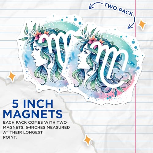(2 Pack) Virgo Zodiac Magnets - Horoscope Art - Astrology Decor - Zodiac Signs - Celestial Design - 5" On Longest Side - for Cars, Fridges, Toolboxes - Made in USA - MAG6784