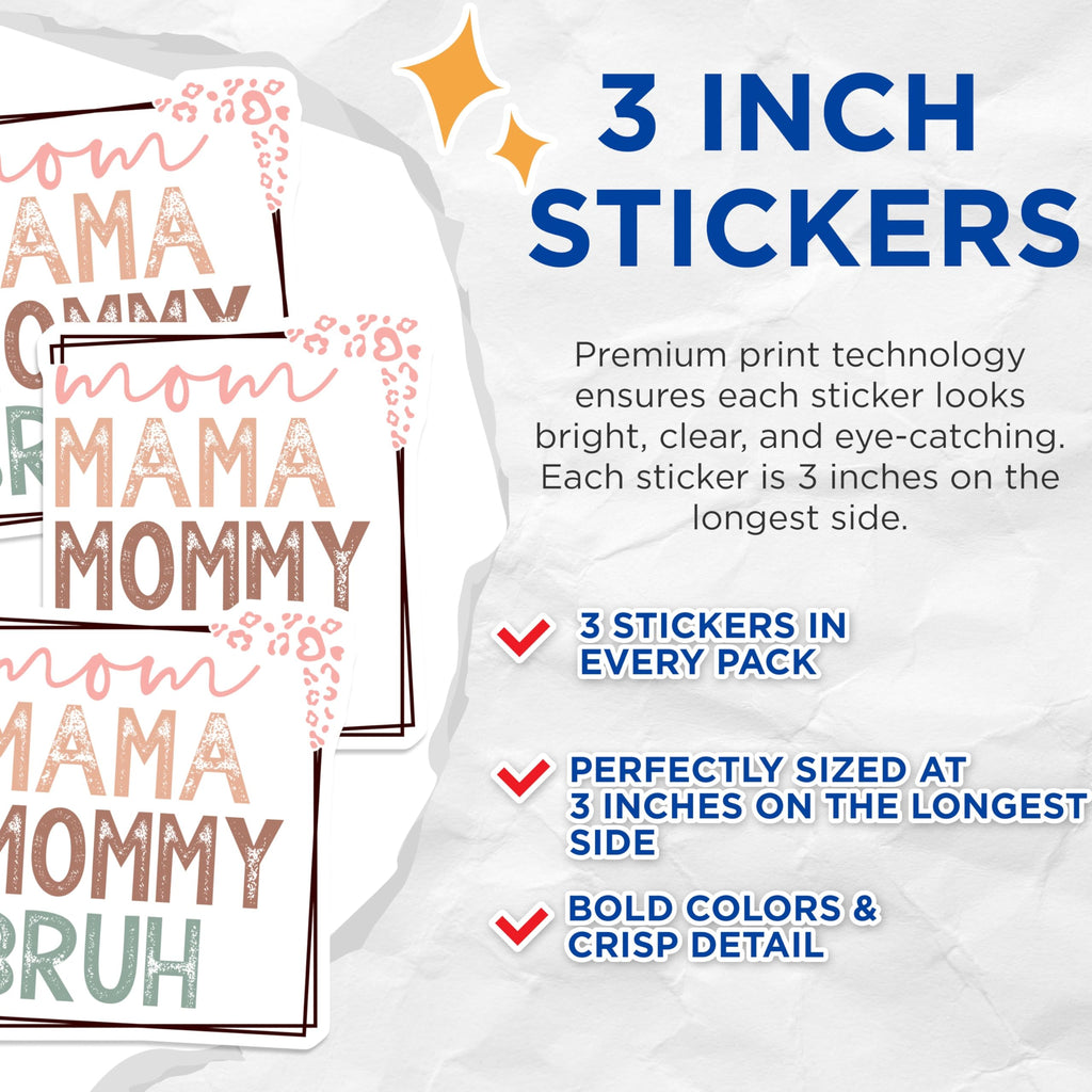 (3 Pack) Mom Mama Mommy Bruh Decals - Trendy Mom Quote - Leopard Print Laptop Decal- 3 Inches On Longest Side - Easy Peel & Apply - Made in USA - 3MCS5737