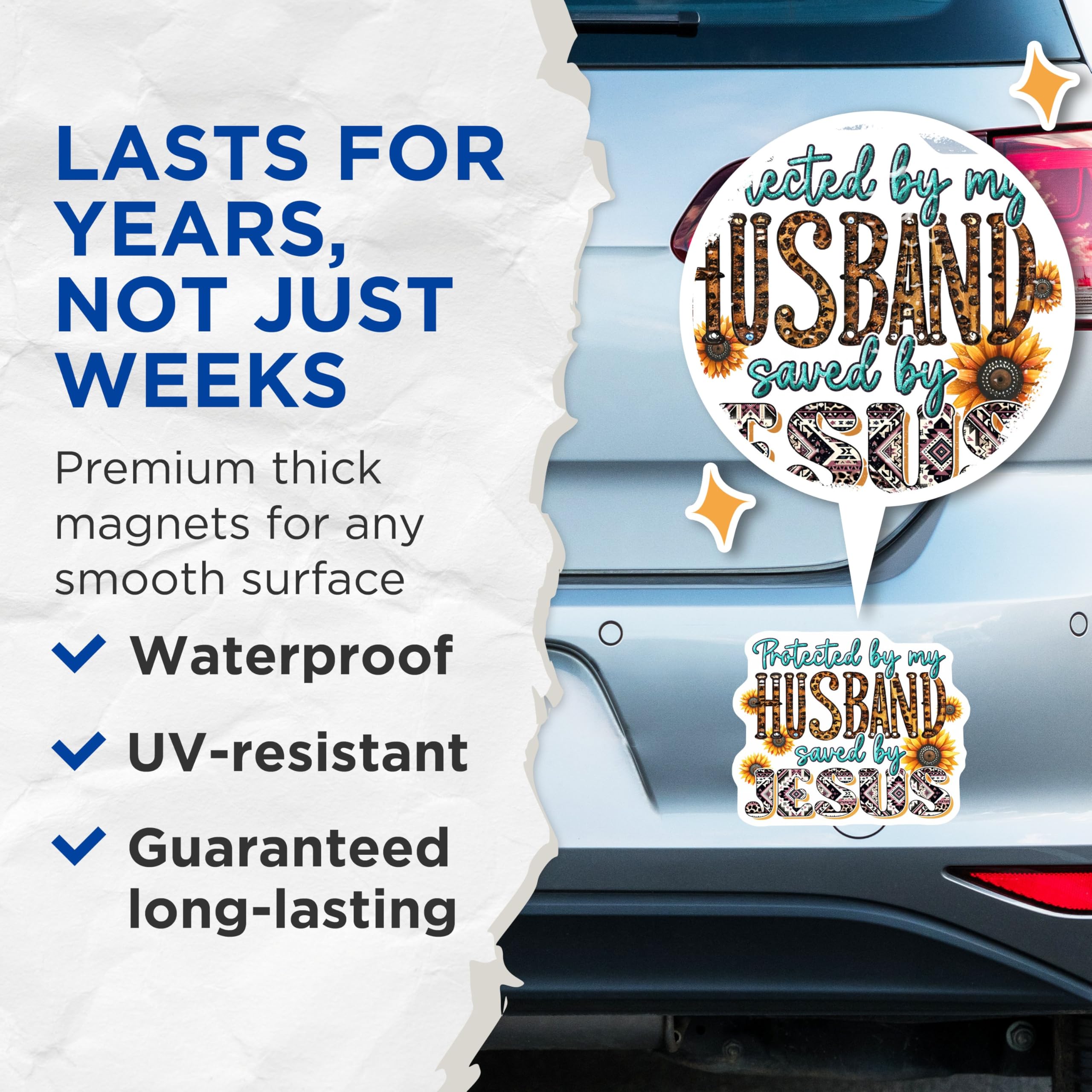 (2 Pack) Protected by My Husband Magnets - Saved by Jesus Magnets - Inspirational Faith Magnets for Home Decor - 5" On Longest Side - for Cars, Refrigerators, Toolboxes, Lockers - Made In USA BMCS3124