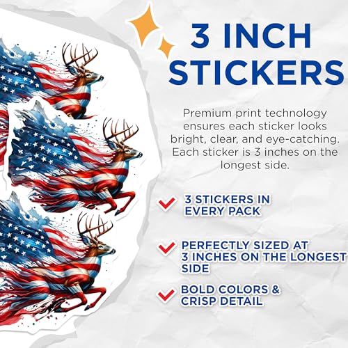 (3 Pack) American Flag Deer Decals - Patriotic Animal Stickers - USA Laptop Decals - 3 Inches On Longest Side - Easy Peel & Apply - Made in USA - 3MCS4783