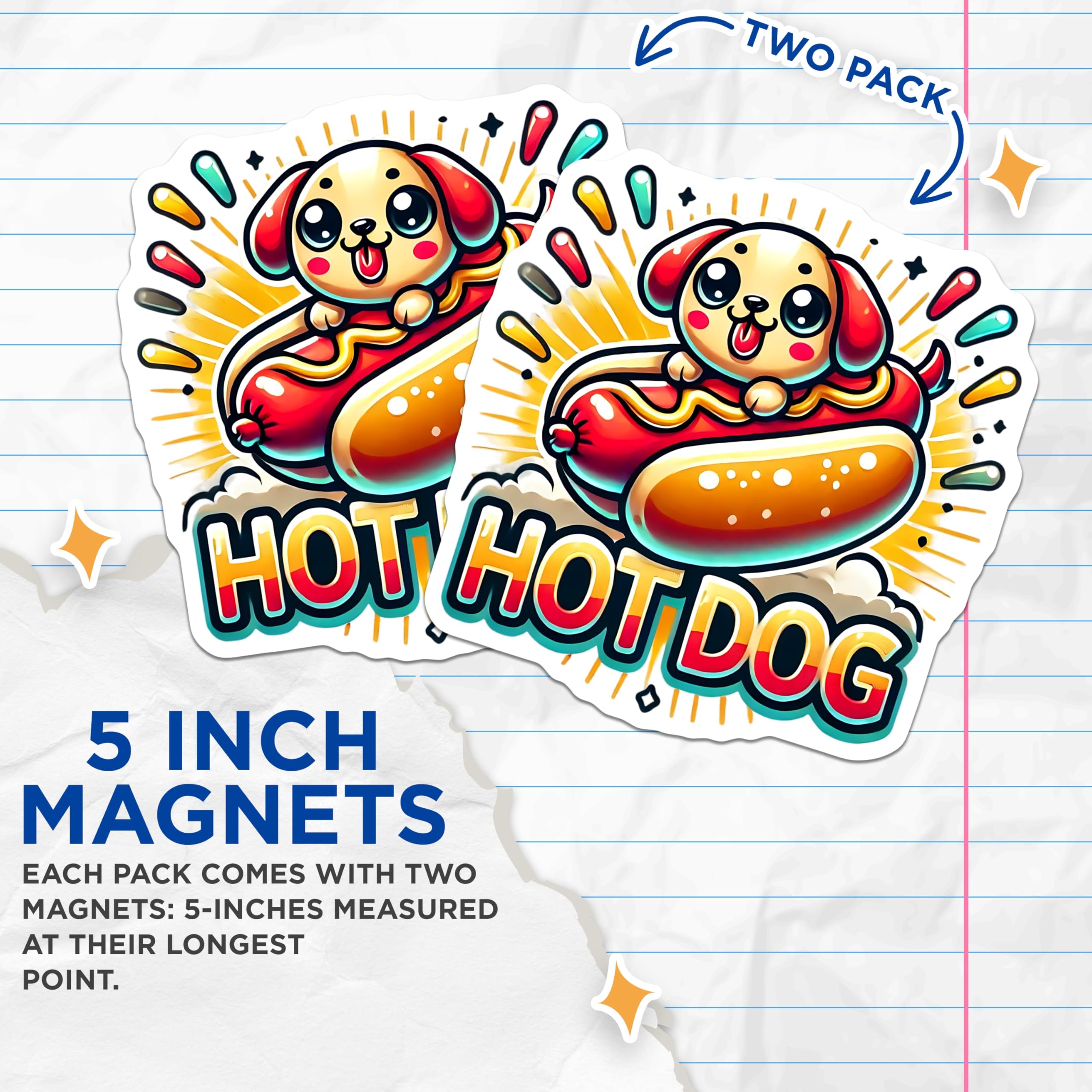 (2 Pack) Hot Dog Magnets - Cute Puppy Pet - Kawaii Food Fridge Decor - 5" On Longest Side - Premium Magnet - for Cars, Refrigerators, Toolboxes, Lockers - Made in USA - MAG15505